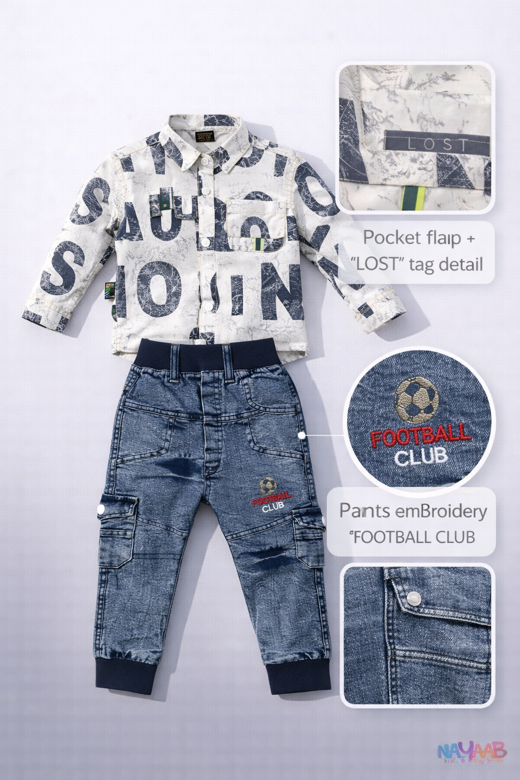 Sporty Blue Print Shirt & Denim Cargo Set B-4
