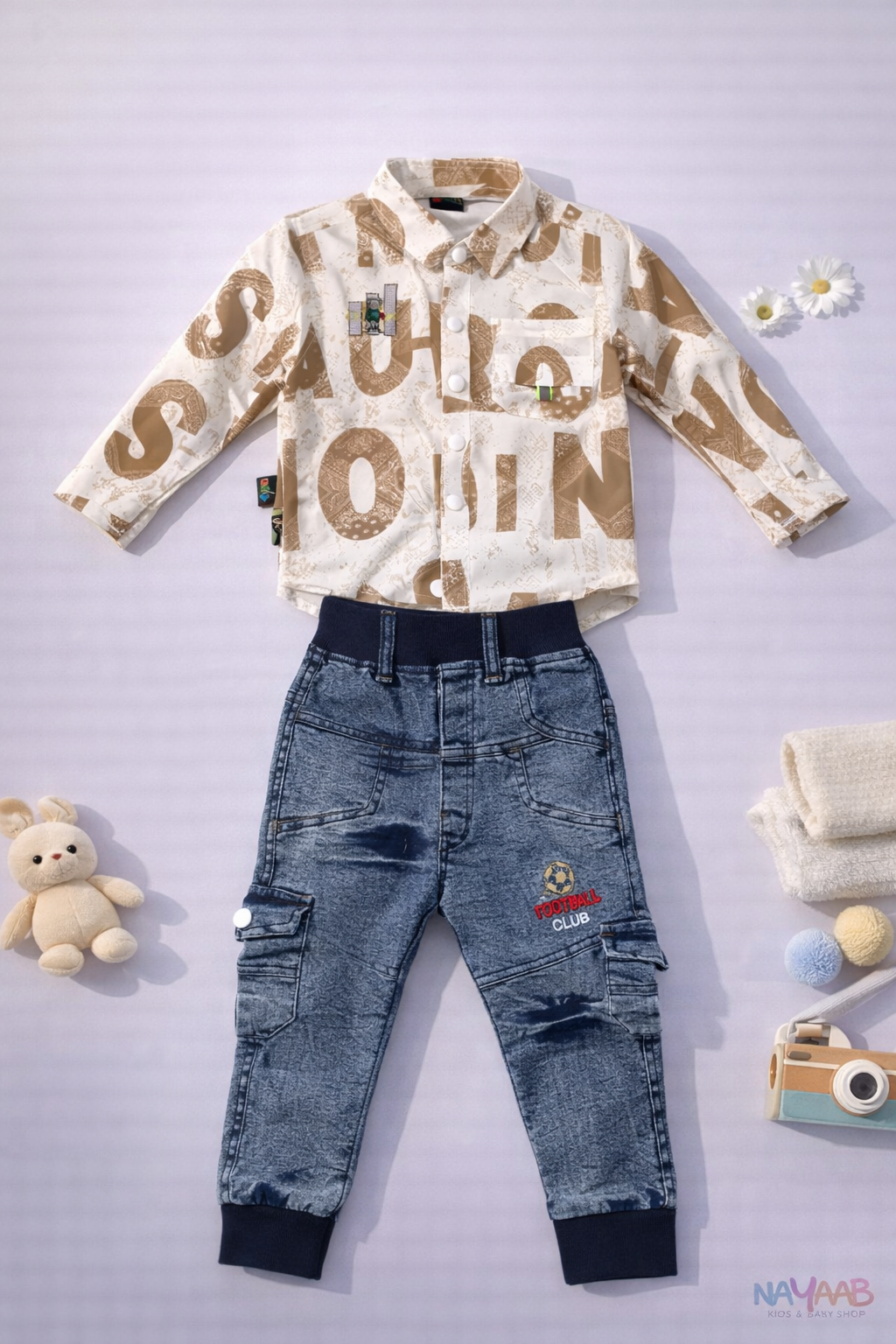 Sporty Beige Print Shirt & Denim Cargo Set B-4