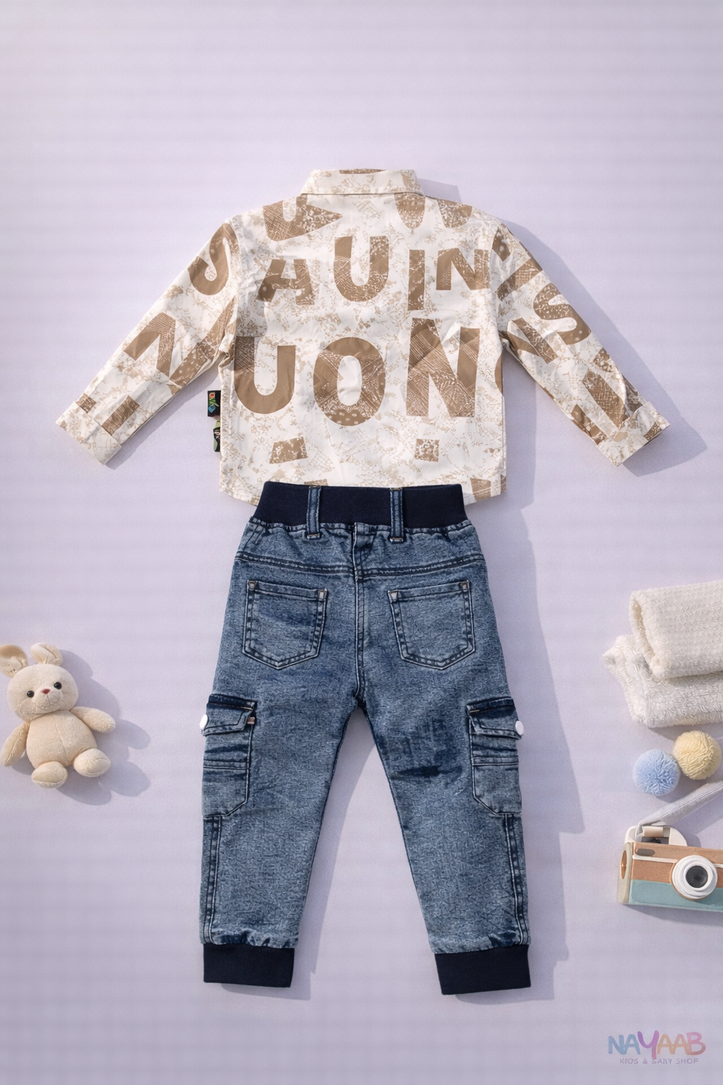 Sporty Beige Print Shirt & Denim Cargo Set B-4
