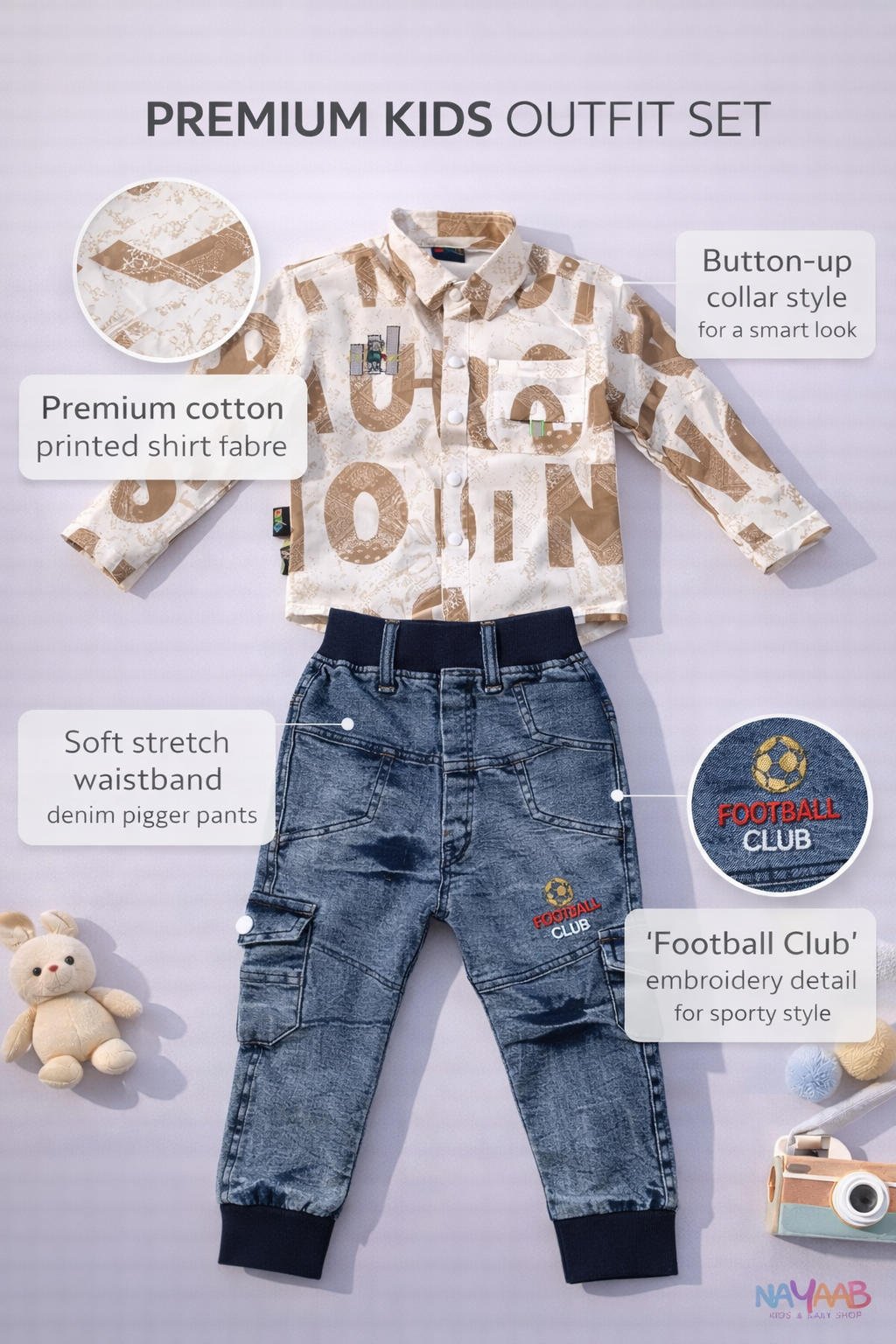 Sporty Beige Print Shirt & Denim Cargo Set B-4