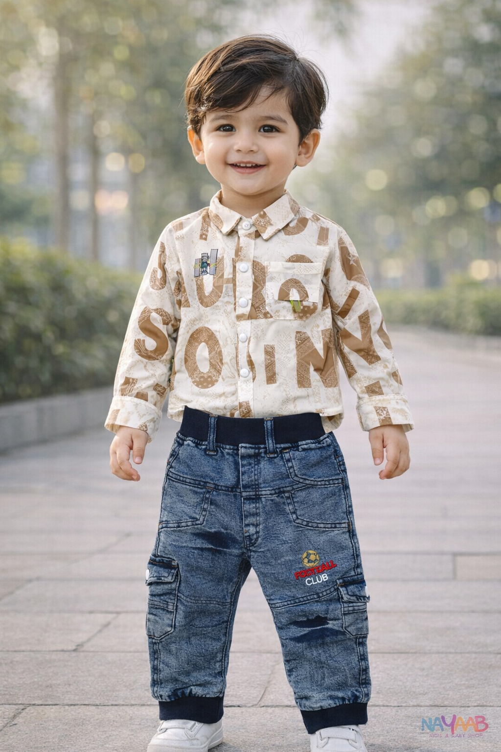 Sporty Beige Print Shirt & Denim Cargo Set B-4