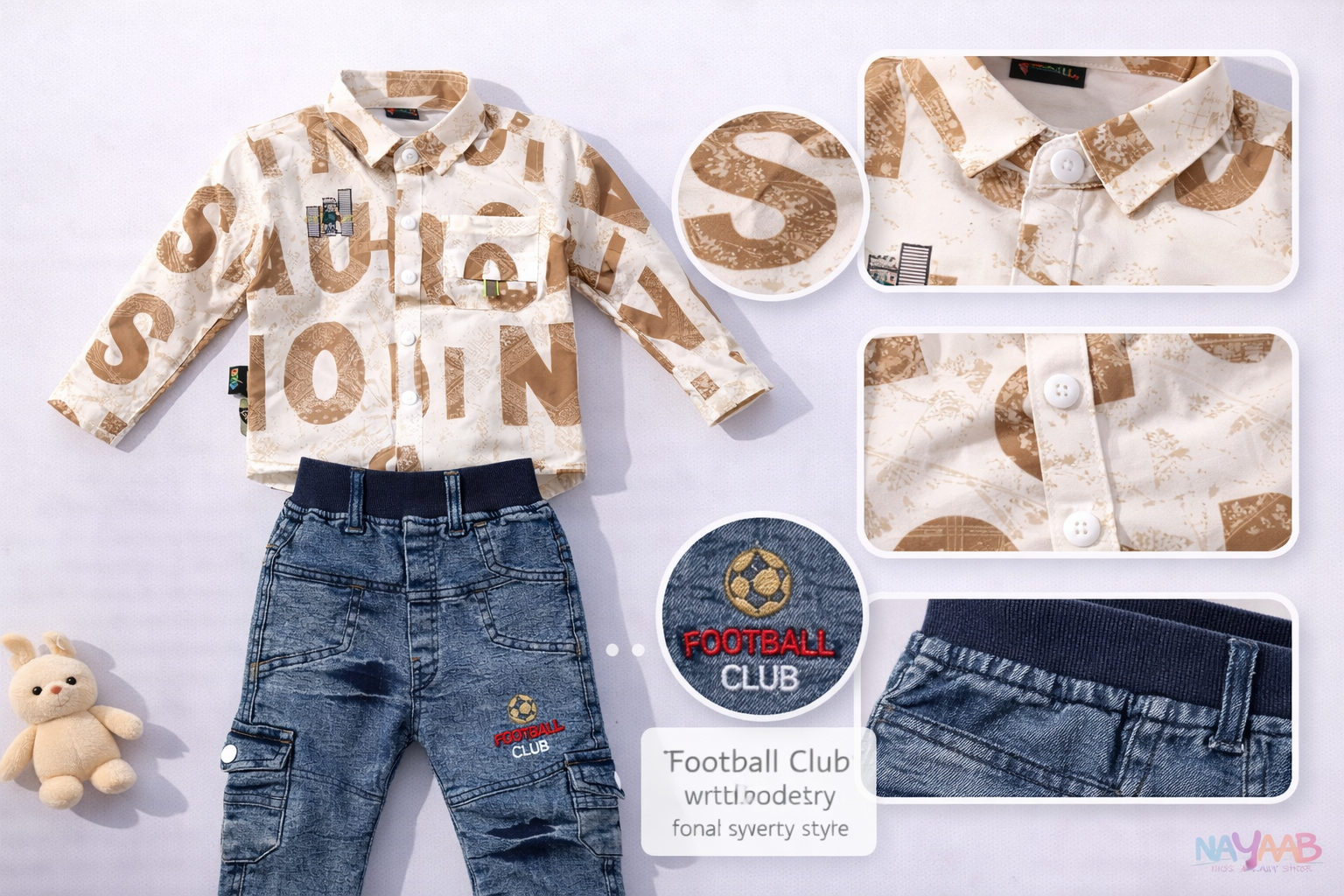 Sporty Beige Print Shirt & Denim Cargo Set B-4