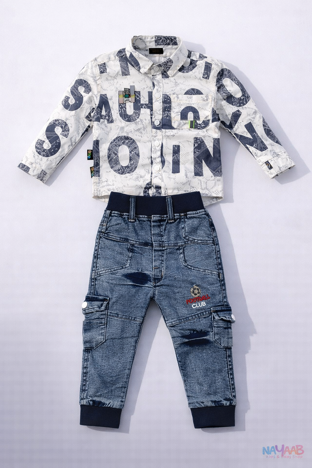 Sporty Blue Print Shirt & Denim Cargo Set B-4