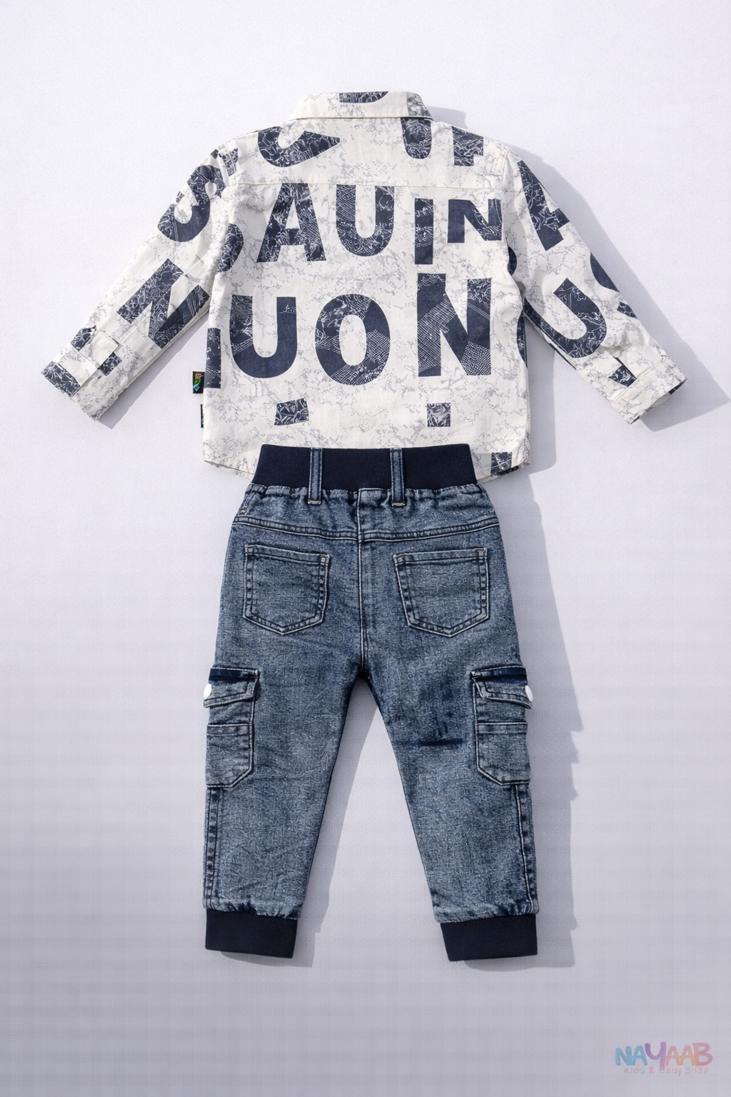 Sporty Blue Print Shirt & Denim Cargo Set B-4