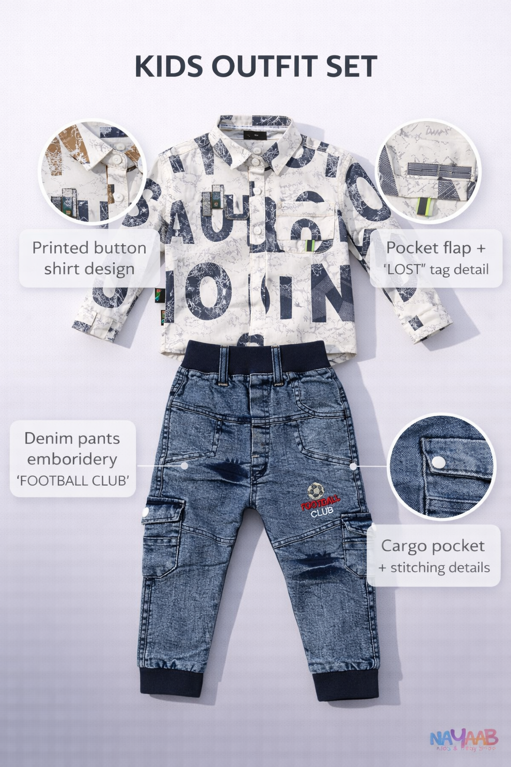 Sporty Blue Print Shirt & Denim Cargo Set B-4