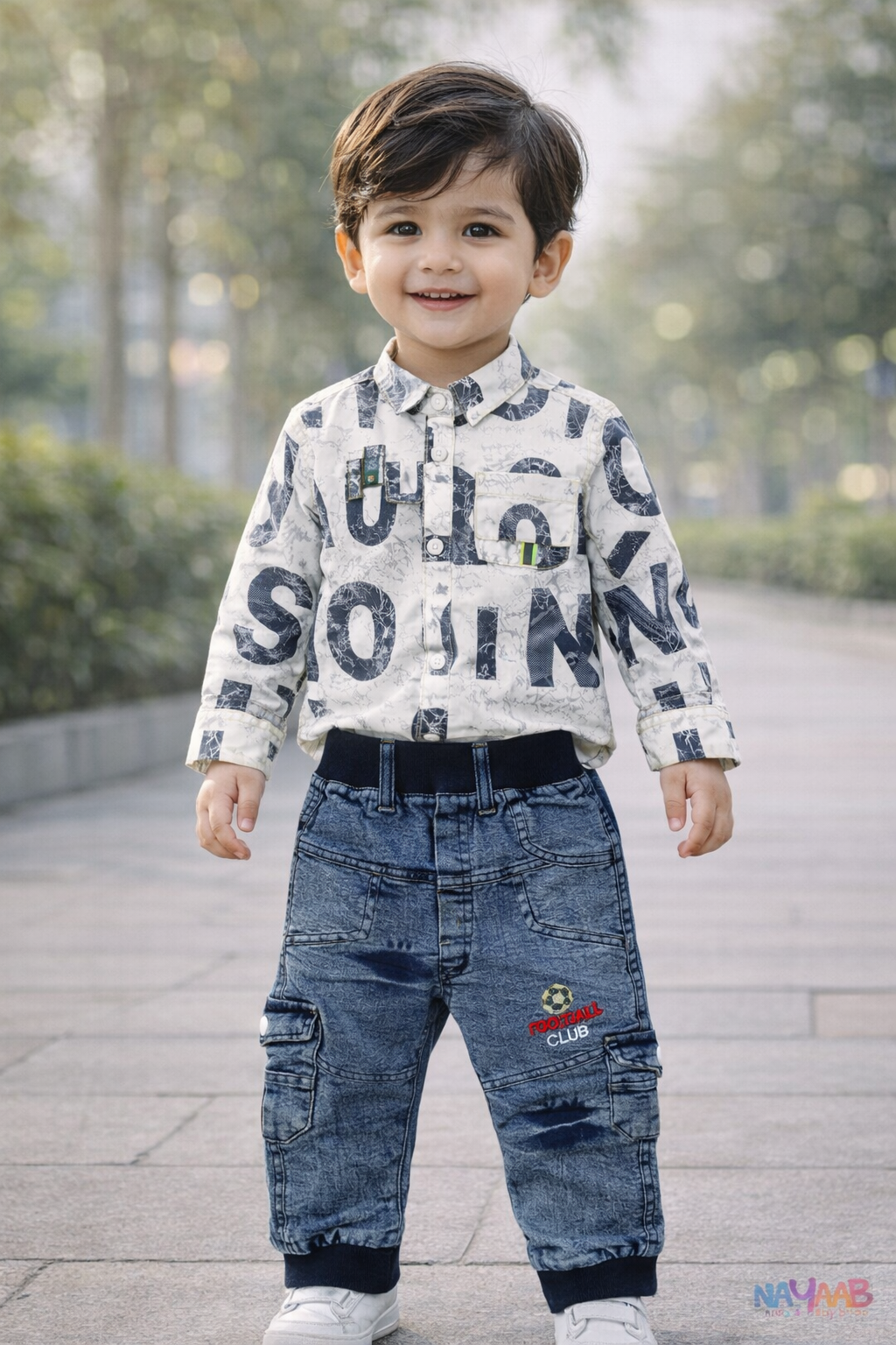 Sporty Blue Print Shirt & Denim Cargo Set B-4