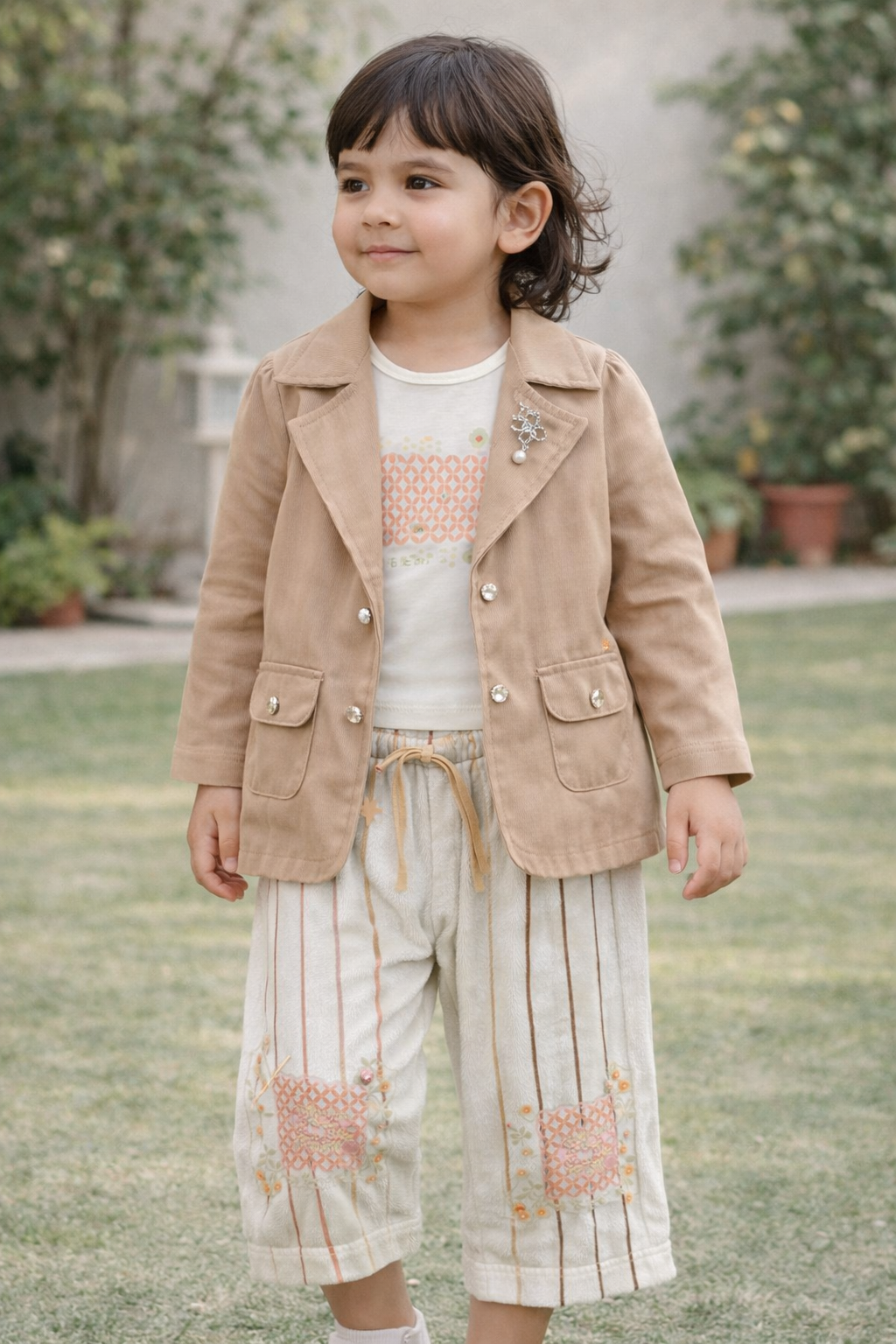 Beige Elegant Blazer Style Girls Suit C-1